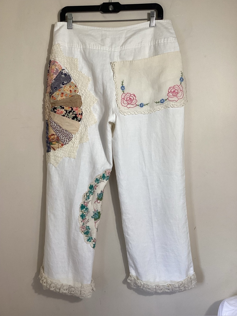 Upcycled Reworked Patchwork Linen Pants Size 12 - Picture 3 of 16